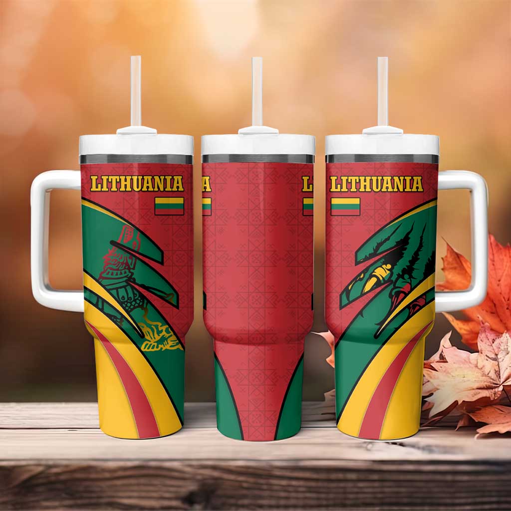 Lithuania Red and Green Tumbler With Handle with Knight and Dragon Claw Graphic and National Flag - Wonder Print Shop