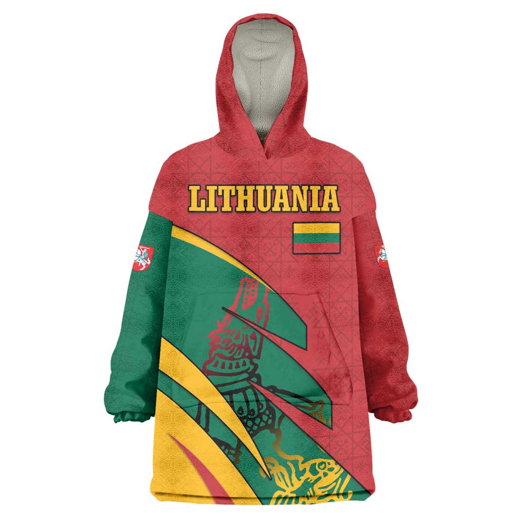 Lithuania Red and Green Wearable Blanket Hoodie with Knight and Dragon Claw Graphic and National Flag - Wonder Print Shop