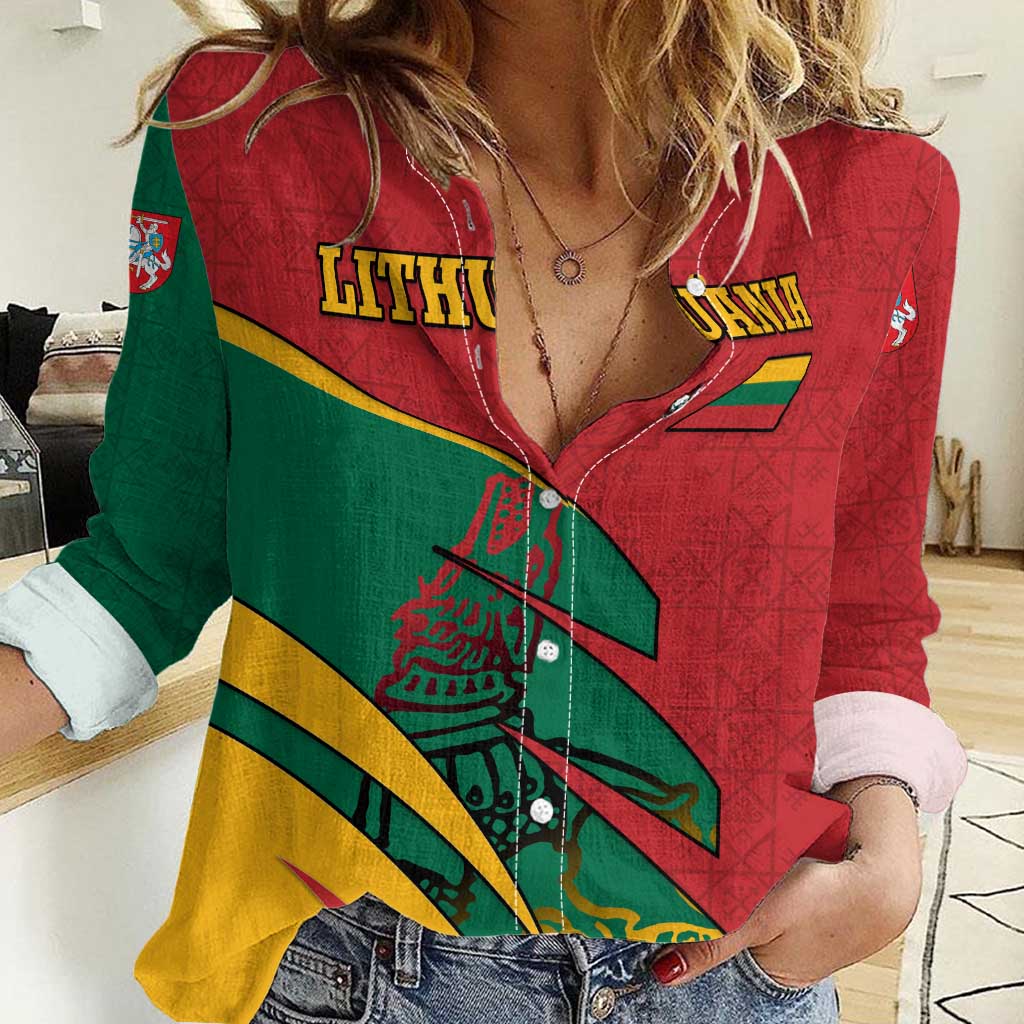 Lithuania Red and Green Women Casual Shirt with Knight and Dragon Claw Graphic and National Flag - Wonder Print Shop