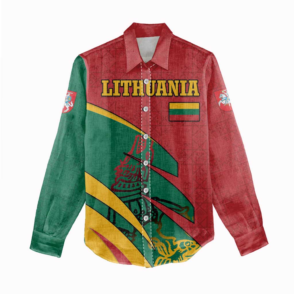 Lithuania Red and Green Women Casual Shirt with Knight and Dragon Claw Graphic and National Flag - Wonder Print Shop