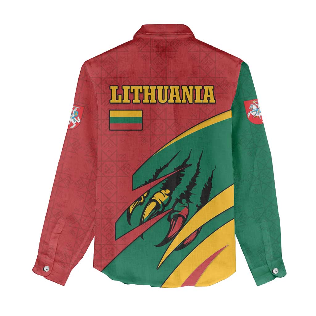 Lithuania Red and Green Women Casual Shirt with Knight and Dragon Claw Graphic and National Flag - Wonder Print Shop