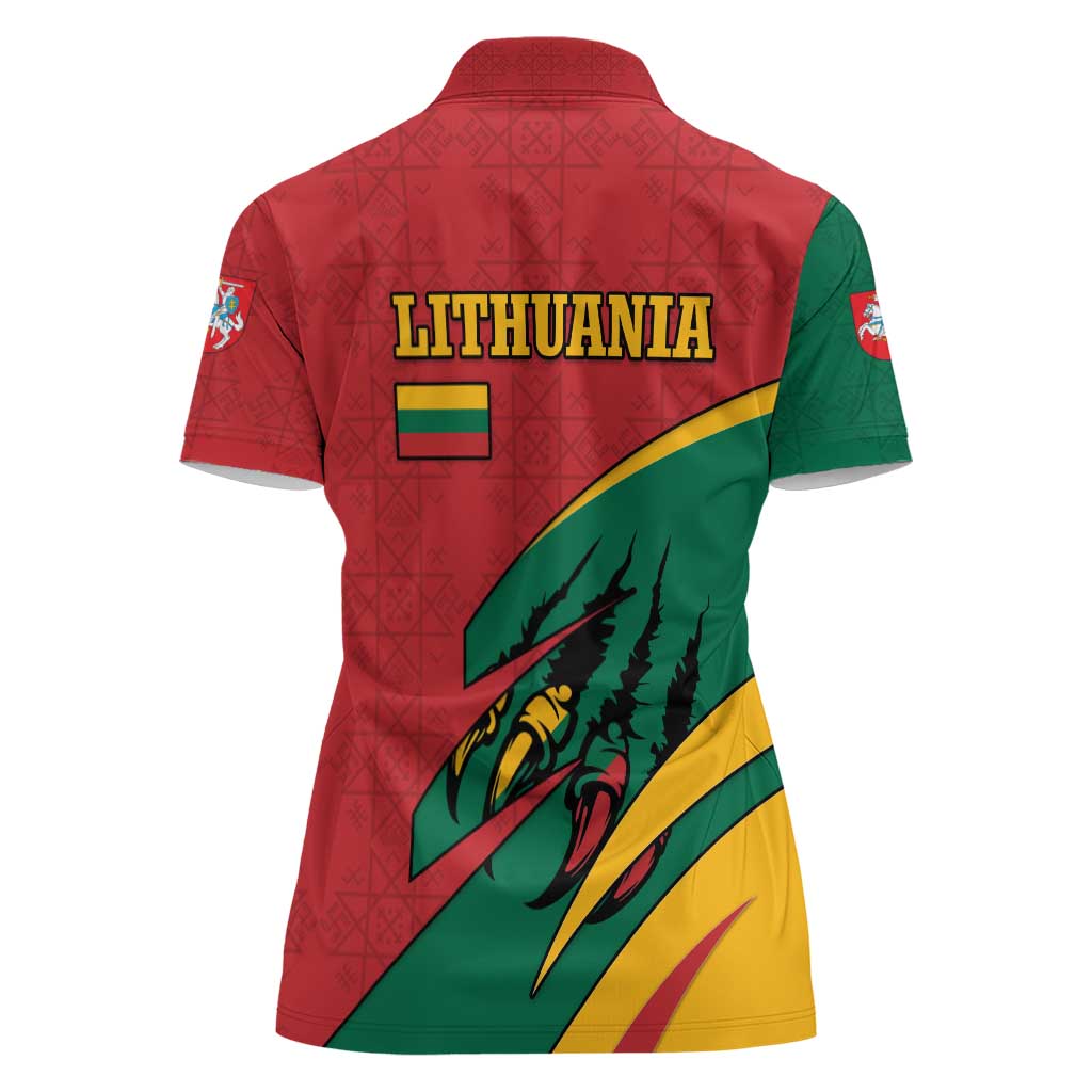 Lithuania Red and Green Women Polo Shirt with Knight and Dragon Claw Graphic and National Flag - Wonder Print Shop