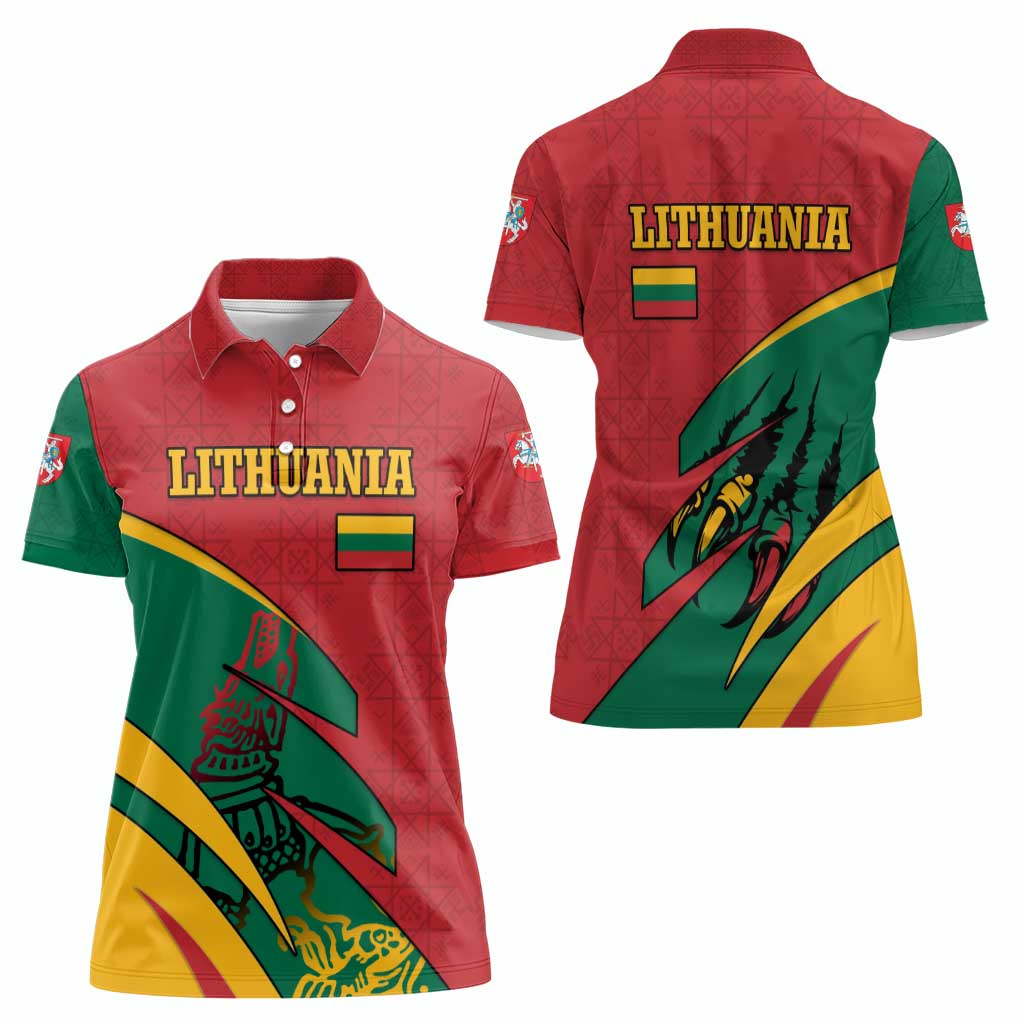 Lithuania Red and Green Women Polo Shirt with Knight and Dragon Claw Graphic and National Flag - Wonder Print Shop