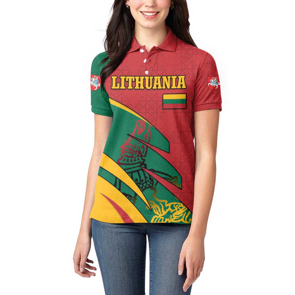 Lithuania Red and Green Women Polo Shirt with Knight and Dragon Claw Graphic and National Flag - Wonder Print Shop