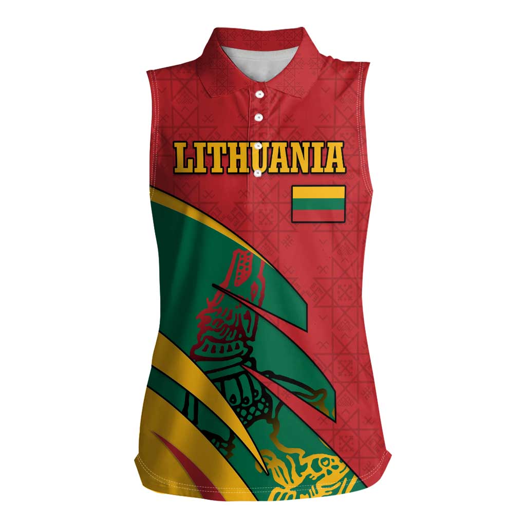 Lithuania Red and Green Women Sleeveless Polo Shirt with Knight and Dragon Claw Graphic and National Flag - Wonder Print Shop