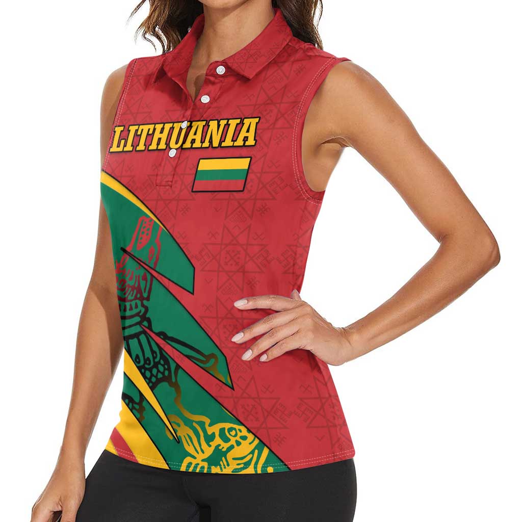 Lithuania Red and Green Women Sleeveless Polo Shirt with Knight and Dragon Claw Graphic and National Flag - Wonder Print Shop