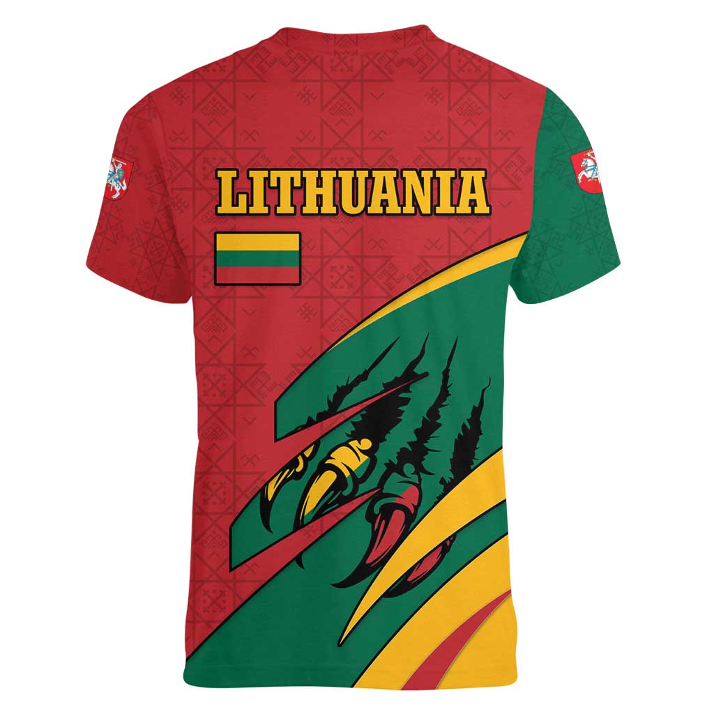 Lithuania Red and Green Women V-Neck T-Shirt with Knight and Dragon Claw Graphic and National Flag - Wonder Print Shop