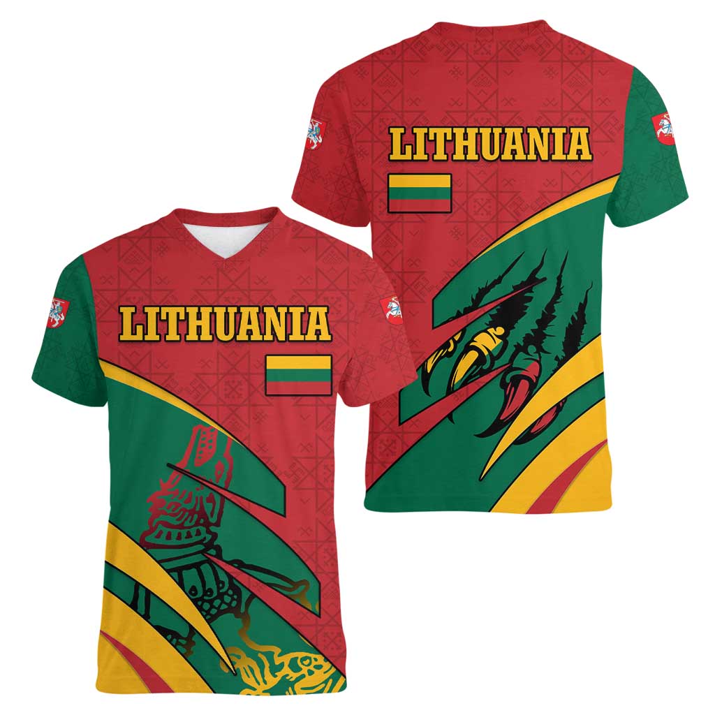 Lithuania Red and Green Women V-Neck T-Shirt with Knight and Dragon Claw Graphic and National Flag - Wonder Print Shop