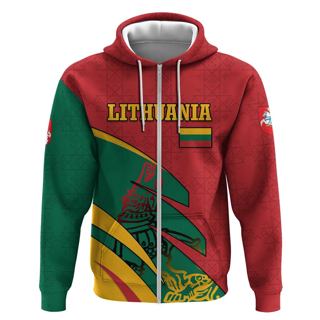 Lithuania Red and Green Zip Hoodie with Knight and Dragon Claw Graphic and National Flag - Wonder Print Shop