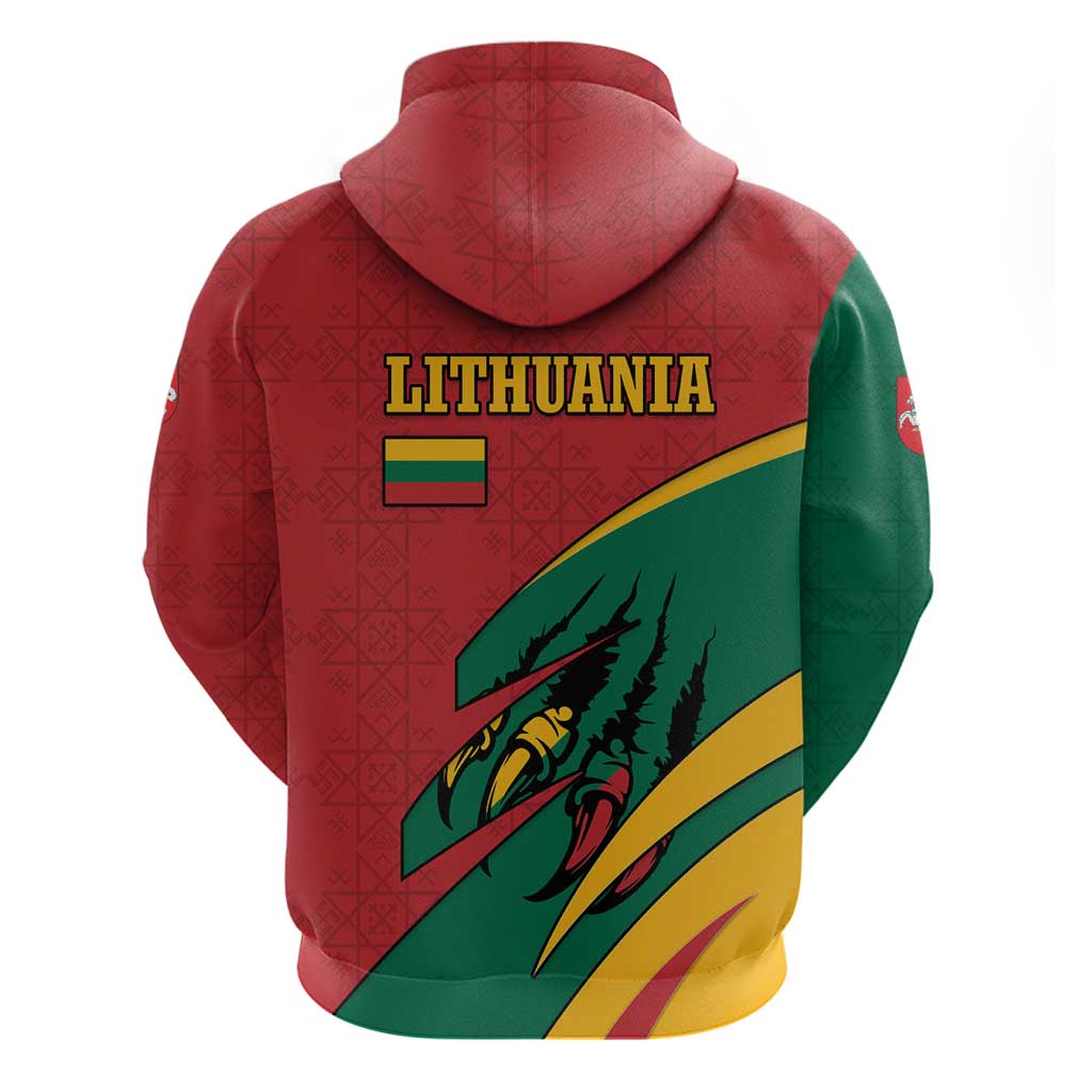 Lithuania Red and Green Zip Hoodie with Knight and Dragon Claw Graphic and National Flag - Wonder Print Shop