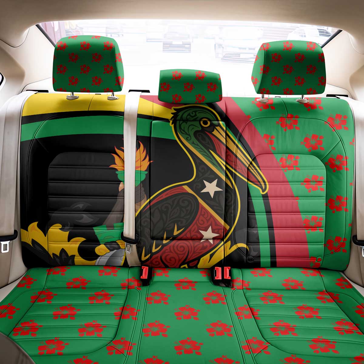 Saint Kitts and Nevis Back Car Seat Cover with Flag Colors and Tropical Island Design - Wonder Print Shop