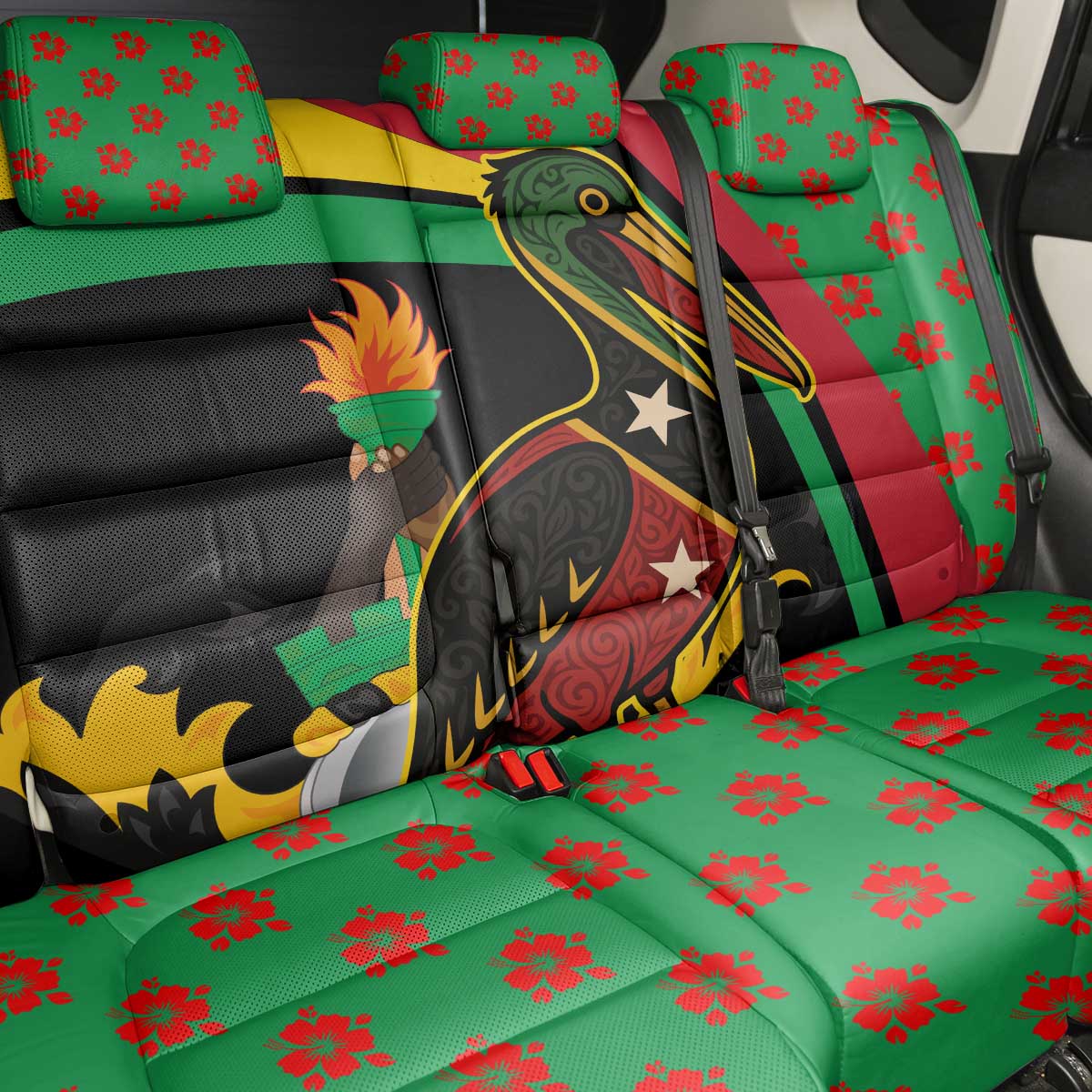 Saint Kitts and Nevis Back Car Seat Cover with Flag Colors and Tropical Island Design - Wonder Print Shop