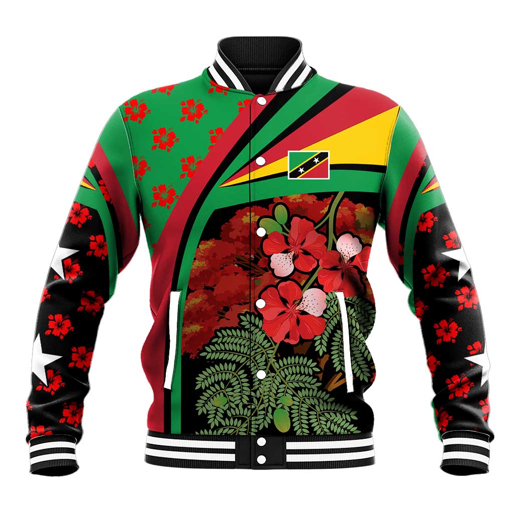 Saint Kitts and Nevis Baseball Jacket with Flag Colors and Tropical Island Design - Wonder Print Shop
