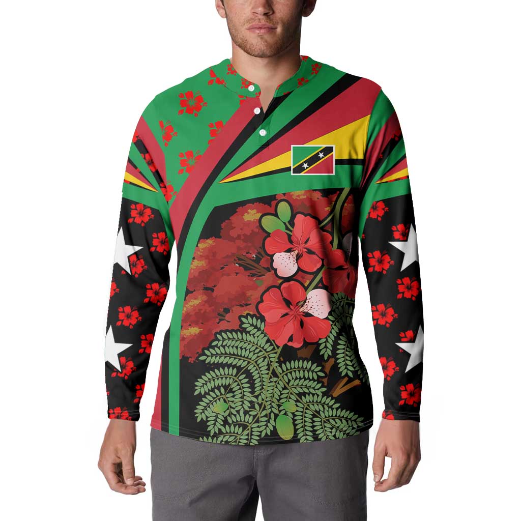 Saint Kitts and Nevis Button Sweatshirt with Flag Colors and Tropical Island Design - Wonder Print Shop