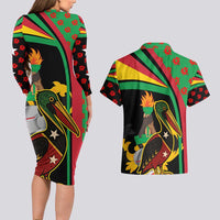 Saint Kitts and Nevis Couples Matching Long Sleeve Bodycon Dress and Hawaiian Shirt with Flag Colors and Tropical Island Design - Wonder Print Shop