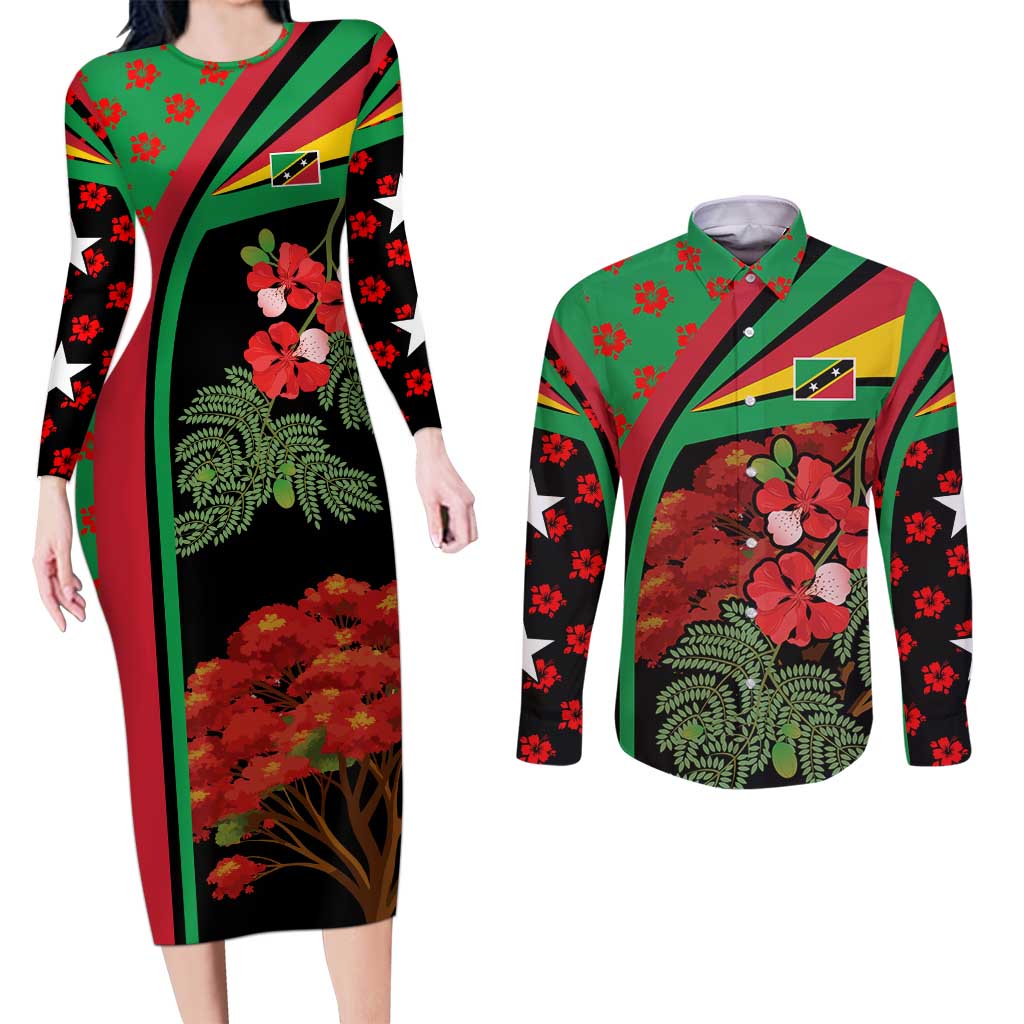 Saint Kitts and Nevis Couples Matching Long Sleeve Bodycon Dress and Long Sleeve Button Shirt with Flag Colors and Tropical Island Design - Wonder Print Shop