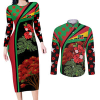 Saint Kitts and Nevis Couples Matching Long Sleeve Bodycon Dress and Long Sleeve Button Shirt with Flag Colors and Tropical Island Design - Wonder Print Shop