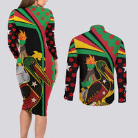 Saint Kitts and Nevis Couples Matching Long Sleeve Bodycon Dress and Long Sleeve Button Shirt with Flag Colors and Tropical Island Design - Wonder Print Shop