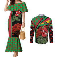 Saint Kitts and Nevis Couples Matching Mermaid Dress and Long Sleeve Button Shirt with Flag Colors and Tropical Island Design - Wonder Print Shop