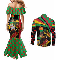 Saint Kitts and Nevis Couples Matching Mermaid Dress and Long Sleeve Button Shirt with Flag Colors and Tropical Island Design - Wonder Print Shop