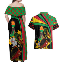 Saint Kitts and Nevis Couples Matching Off Shoulder Maxi Dress and Hawaiian Shirt with Flag Colors and Tropical Island Design - Wonder Print Shop