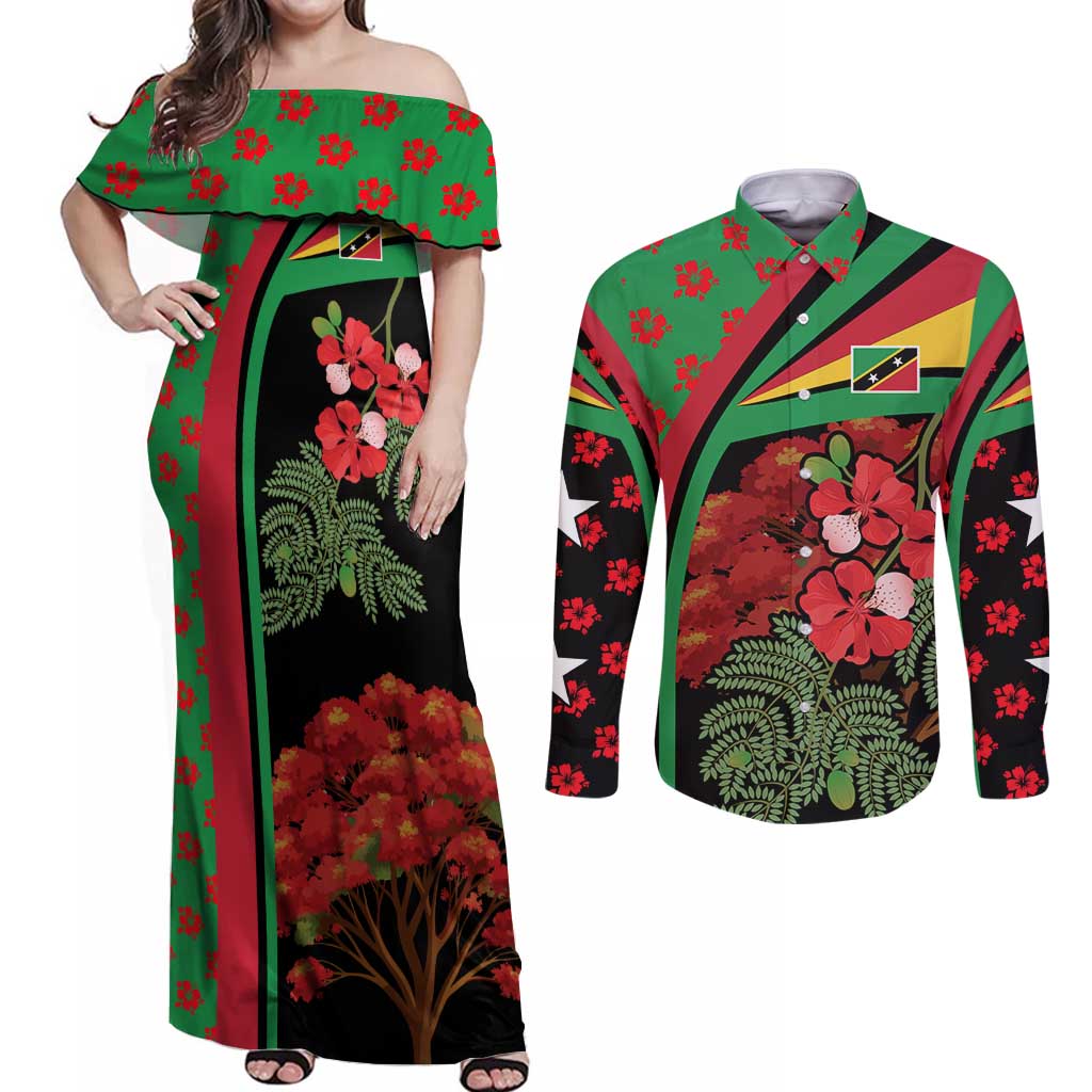 Saint Kitts and Nevis Couples Matching Off Shoulder Maxi Dress and Long Sleeve Button Shirt with Flag Colors and Tropical Island Design - Wonder Print Shop