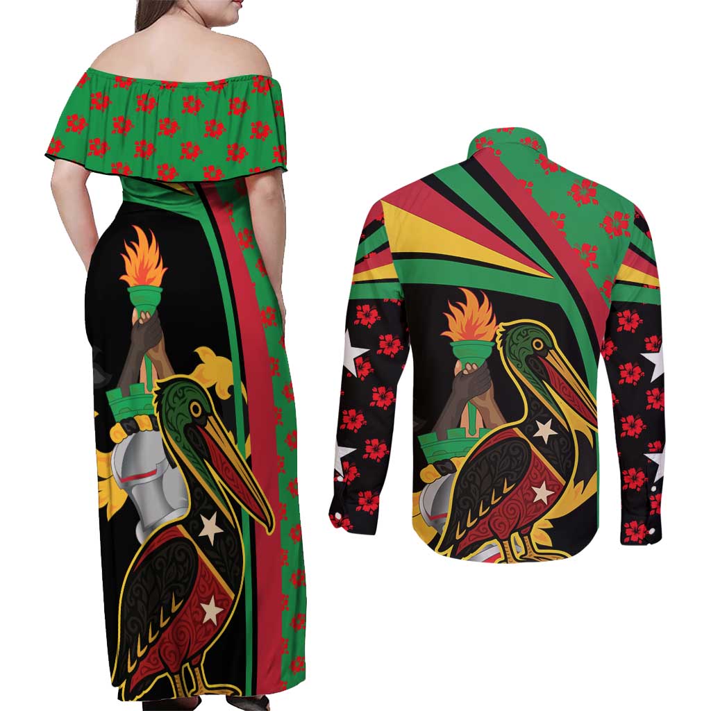 Saint Kitts and Nevis Couples Matching Off Shoulder Maxi Dress and Long Sleeve Button Shirt with Flag Colors and Tropical Island Design - Wonder Print Shop