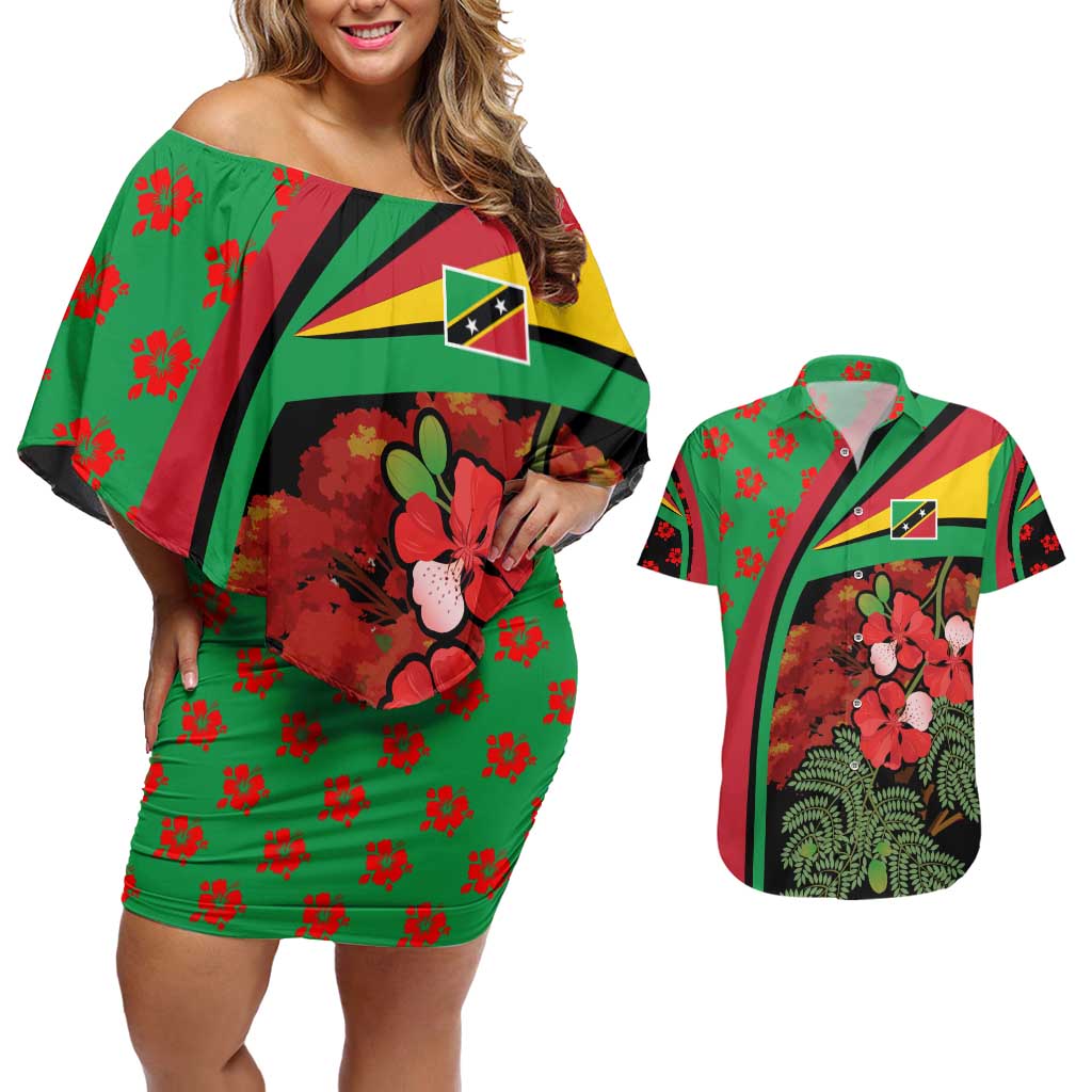 Saint Kitts and Nevis Couples Matching Off Shoulder Short Dress and Hawaiian Shirt with Flag Colors and Tropical Island Design - Wonder Print Shop