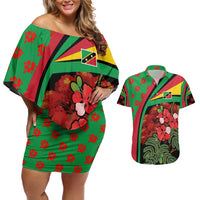Saint Kitts and Nevis Couples Matching Off Shoulder Short Dress and Hawaiian Shirt with Flag Colors and Tropical Island Design - Wonder Print Shop