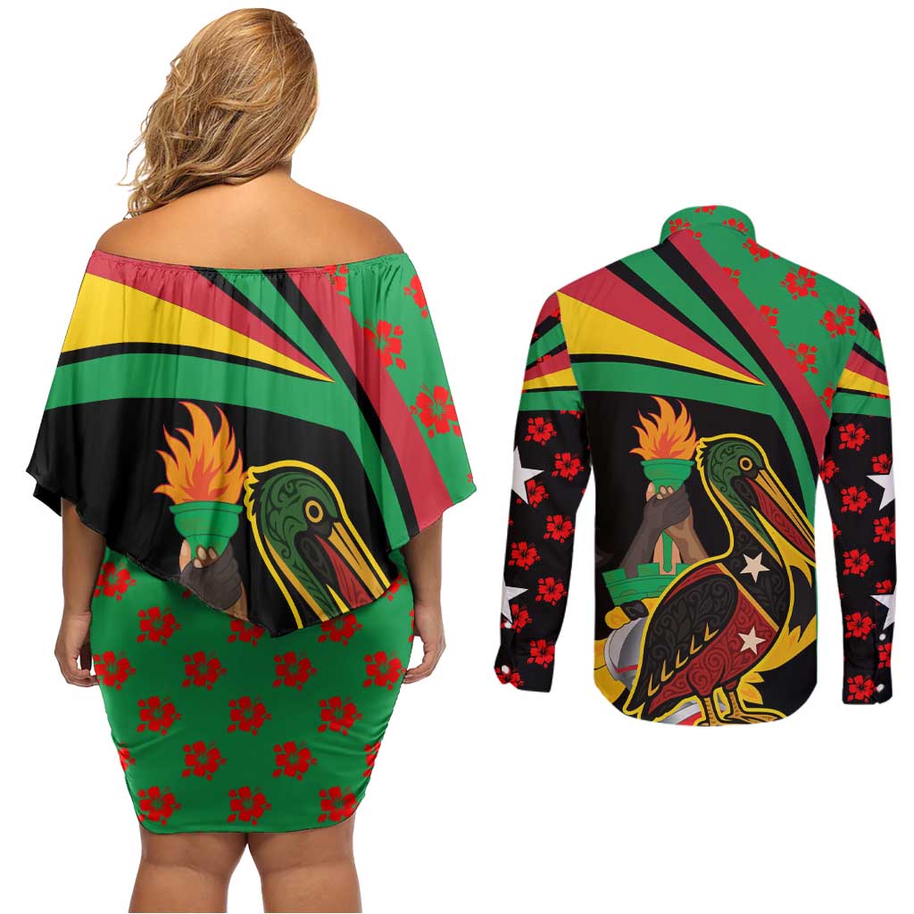 Saint Kitts and Nevis Couples Matching Off Shoulder Short Dress and Long Sleeve Button Shirt with Flag Colors and Tropical Island Design - Wonder Print Shop