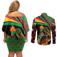 Saint Kitts and Nevis Couples Matching Off Shoulder Short Dress and Long Sleeve Button Shirt with Flag Colors and Tropical Island Design - Wonder Print Shop