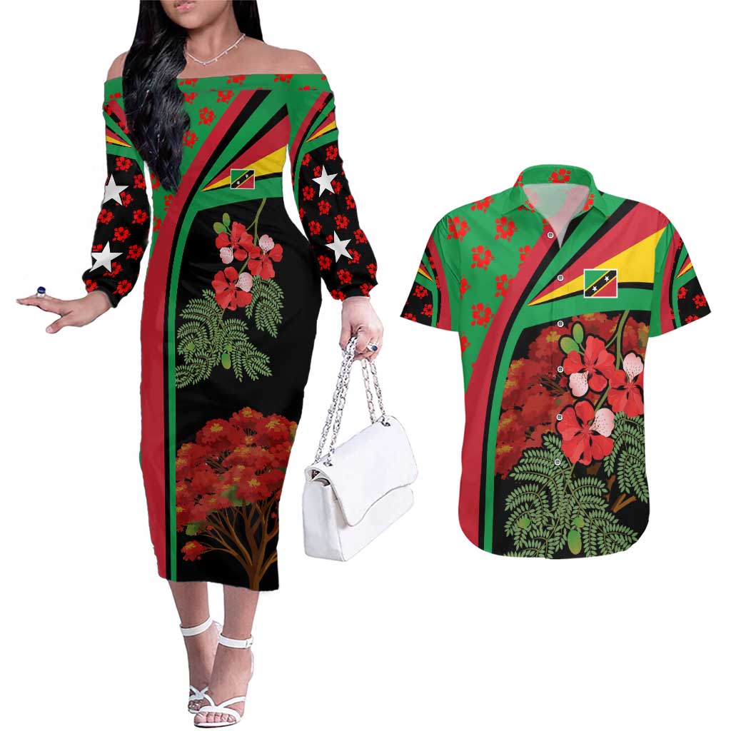 Saint Kitts and Nevis Couples Matching Off The Shoulder Long Sleeve Dress and Hawaiian Shirt with Flag Colors and Tropical Island Design - Wonder Print Shop