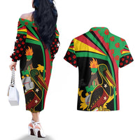 Saint Kitts and Nevis Couples Matching Off The Shoulder Long Sleeve Dress and Hawaiian Shirt with Flag Colors and Tropical Island Design - Wonder Print Shop