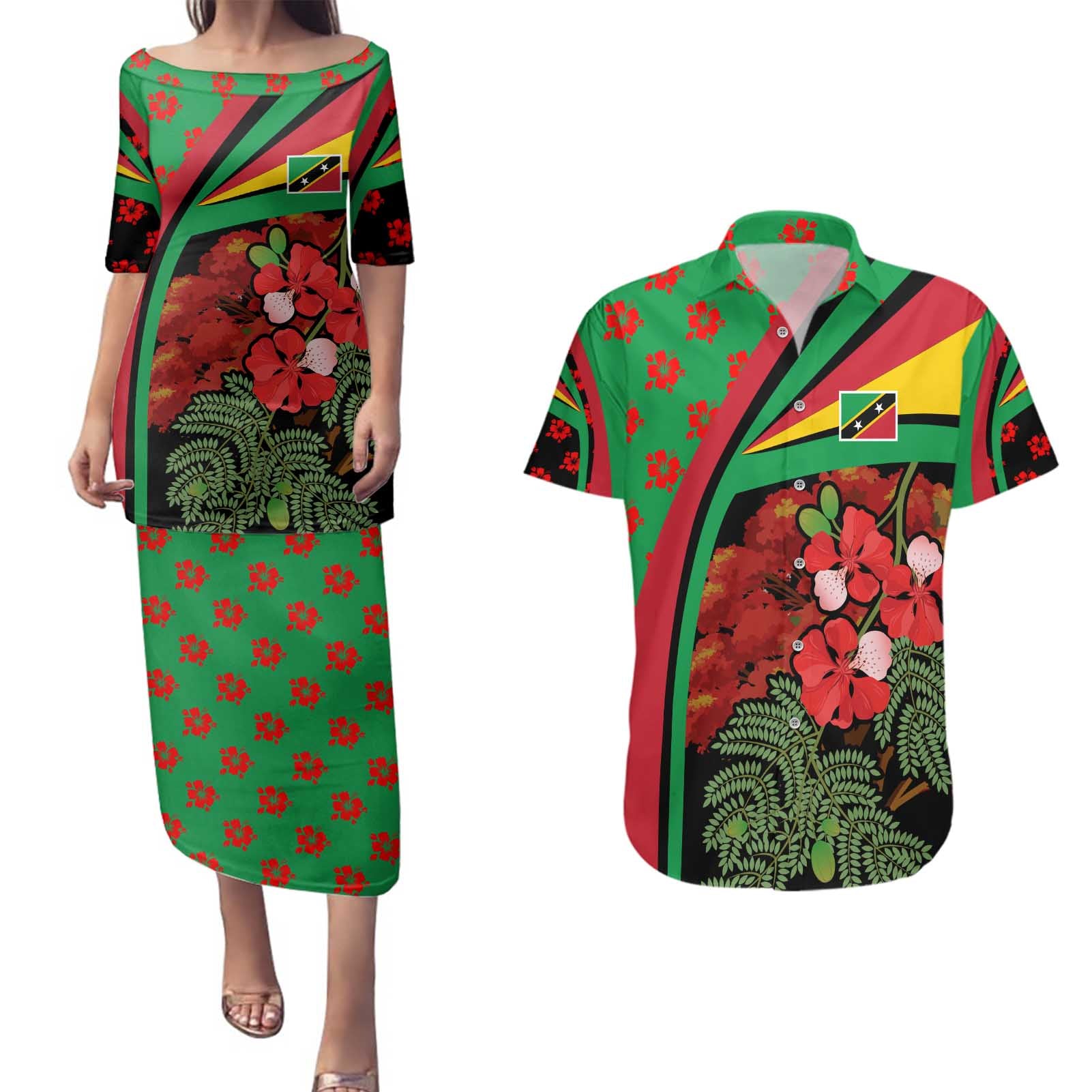 Saint Kitts and Nevis Couples Matching Puletasi and Hawaiian Shirt with Flag Colors and Tropical Island Design - Wonder Print Shop