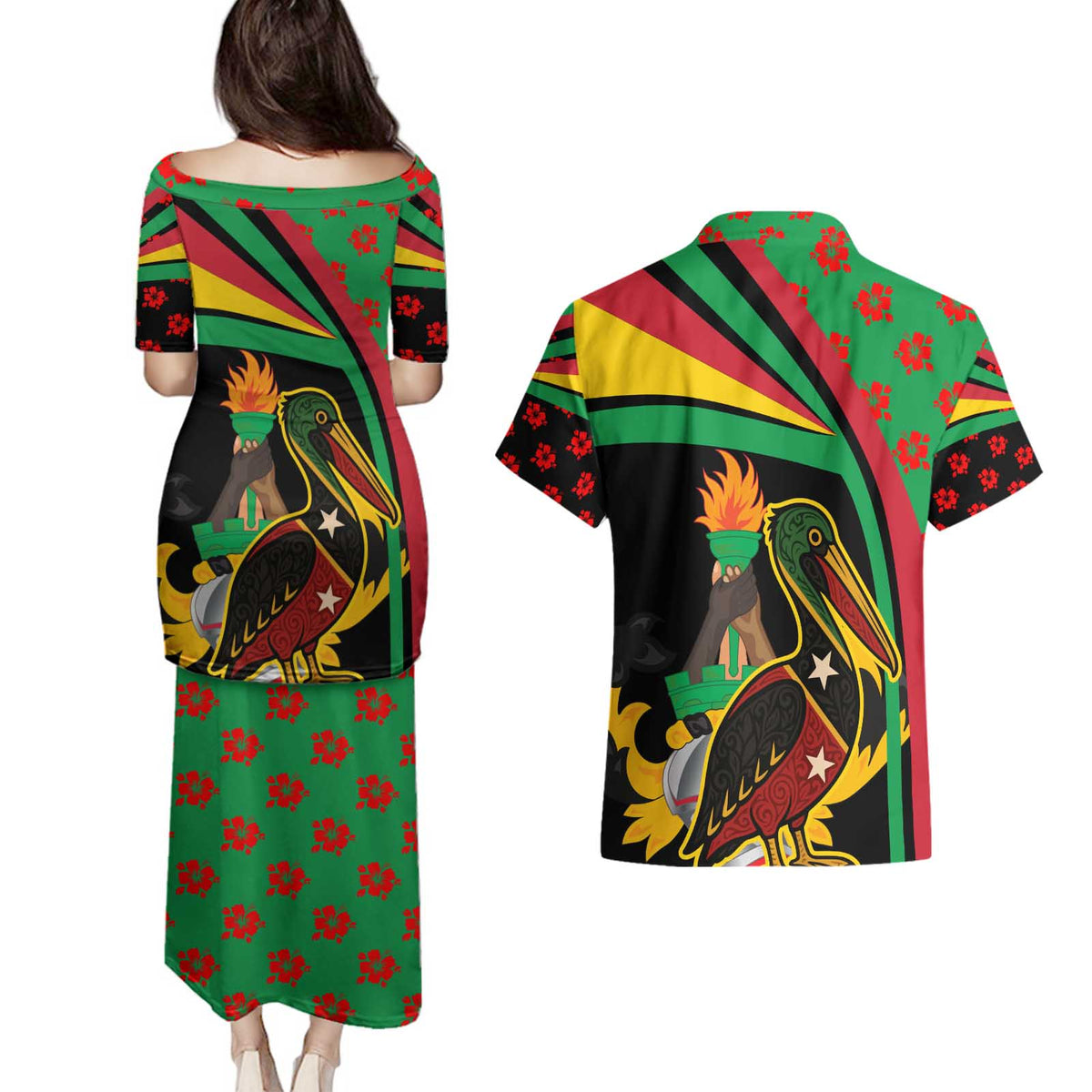 Saint Kitts and Nevis Couples Matching Puletasi and Hawaiian Shirt with Flag Colors and Tropical Island Design - Wonder Print Shop