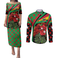 Saint Kitts and Nevis Couples Matching Puletasi and Long Sleeve Button Shirt with Flag Colors and Tropical Island Design - Wonder Print Shop