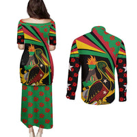 Saint Kitts and Nevis Couples Matching Puletasi and Long Sleeve Button Shirt with Flag Colors and Tropical Island Design - Wonder Print Shop