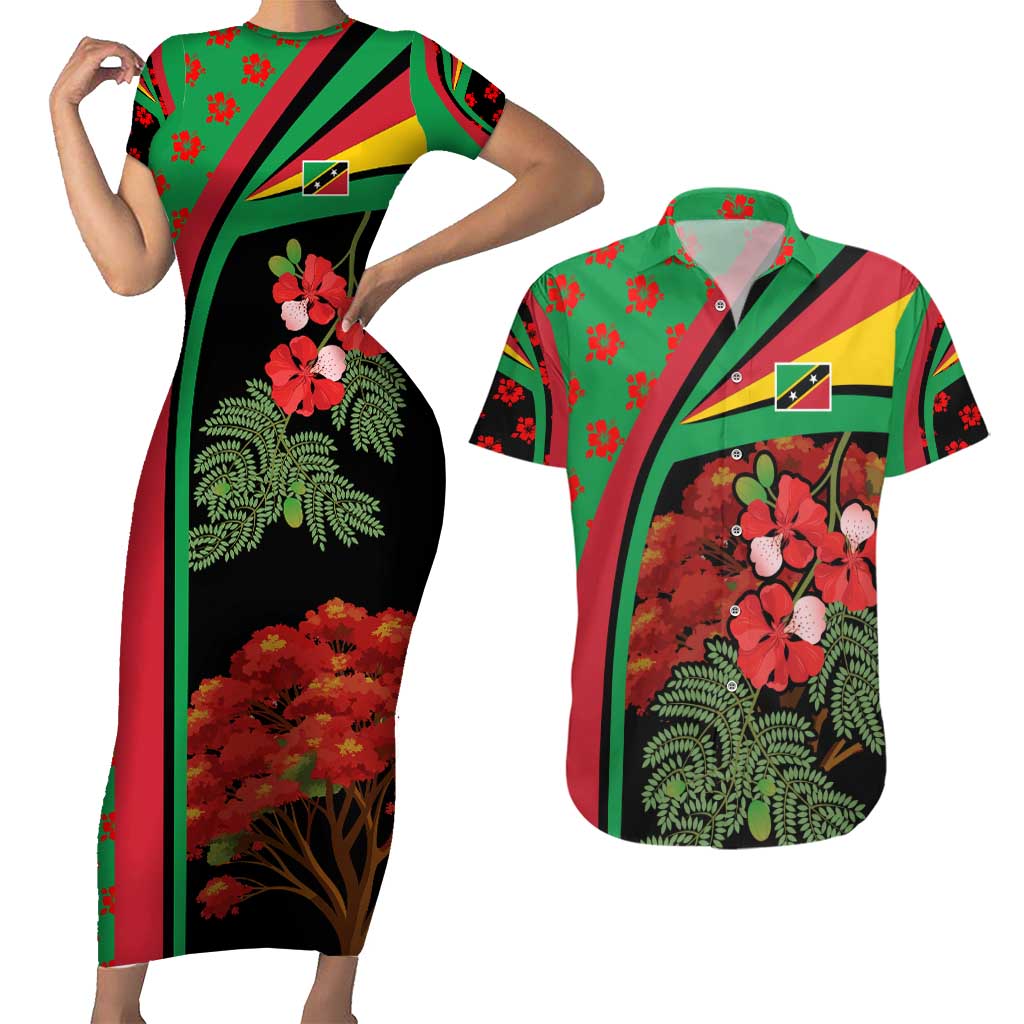 Saint Kitts and Nevis Couples Matching Short Sleeve Bodycon Dress and Hawaiian Shirt with Flag Colors and Tropical Island Design - Wonder Print Shop