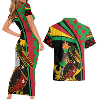 Saint Kitts and Nevis Couples Matching Short Sleeve Bodycon Dress and Hawaiian Shirt with Flag Colors and Tropical Island Design - Wonder Print Shop