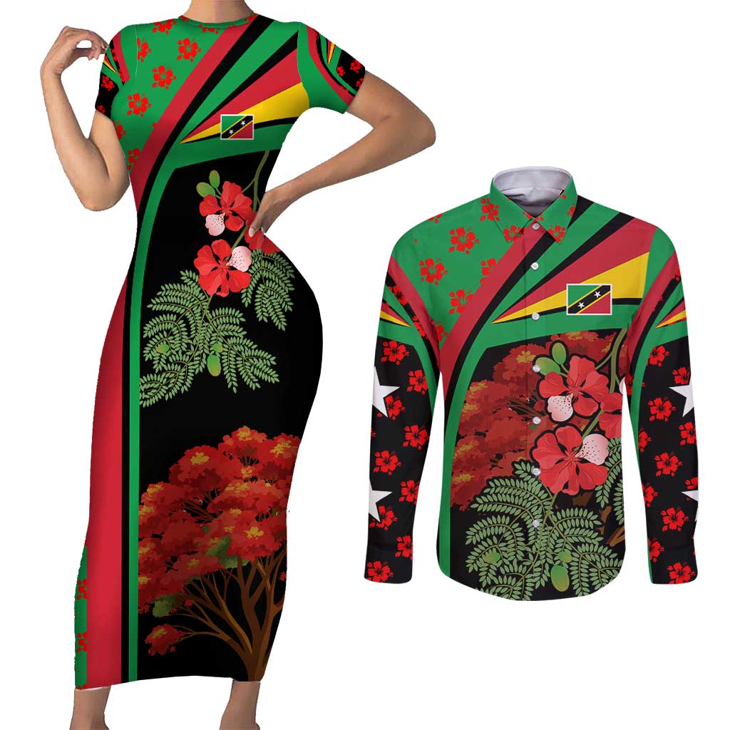 Saint Kitts and Nevis Couples Matching Short Sleeve Bodycon Dress and Long Sleeve Button Shirt with Flag Colors and Tropical Island Design - Wonder Print Shop