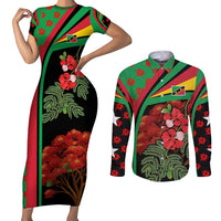 Saint Kitts and Nevis Couples Matching Short Sleeve Bodycon Dress and Long Sleeve Button Shirt with Flag Colors and Tropical Island Design - Wonder Print Shop