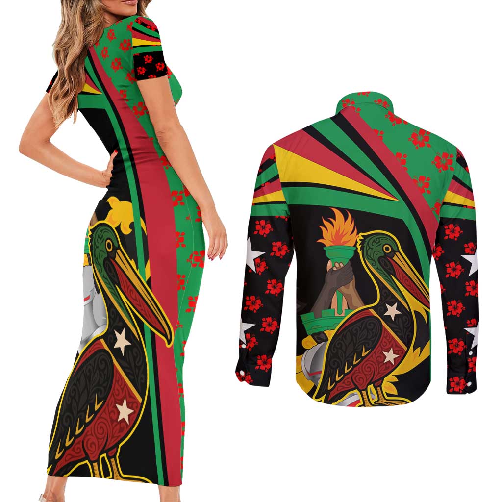 Saint Kitts and Nevis Couples Matching Short Sleeve Bodycon Dress and Long Sleeve Button Shirt with Flag Colors and Tropical Island Design - Wonder Print Shop