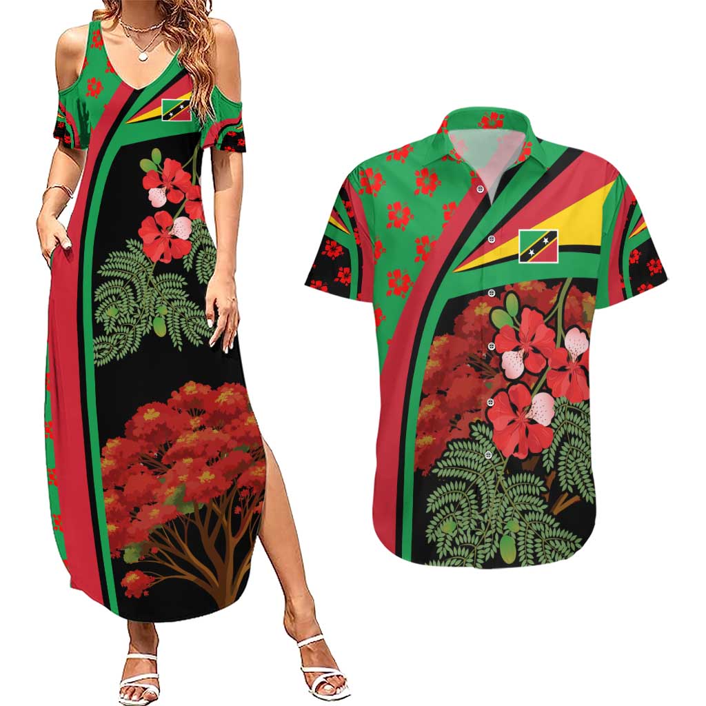 Saint Kitts and Nevis Couples Matching Summer Maxi Dress and Hawaiian Shirt with Flag Colors and Tropical Island Design - Wonder Print Shop