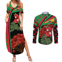 Saint Kitts and Nevis Couples Matching Summer Maxi Dress and Long Sleeve Button Shirt with Flag Colors and Tropical Island Design - Wonder Print Shop