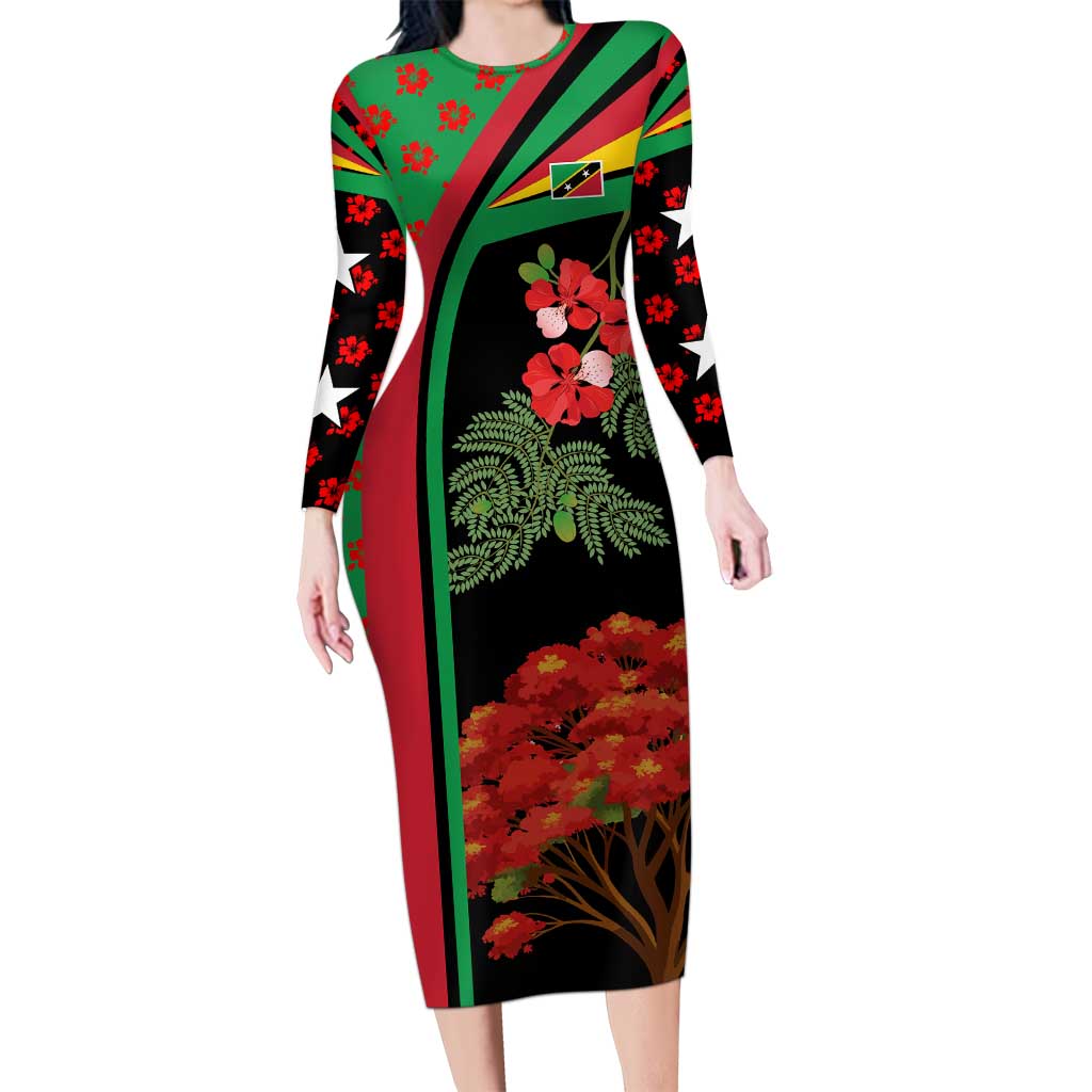 Saint Kitts and Nevis Family Matching Long Sleeve Bodycon Dress and Hawaiian Shirt with Flag Colors and Tropical Island Design - Wonder Print Shop