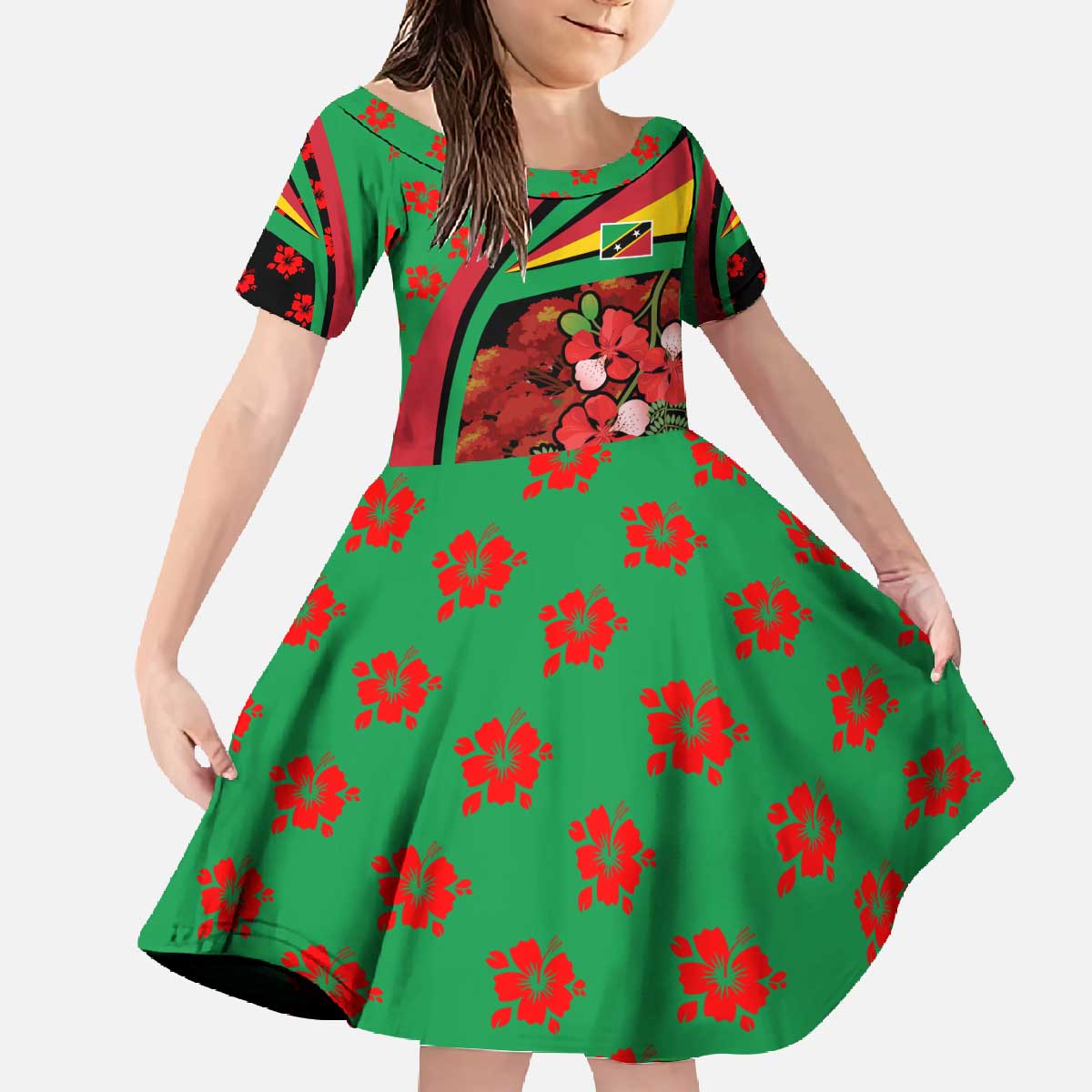 Saint Kitts and Nevis Family Matching Off The Shoulder Long Sleeve Dress and Hawaiian Shirt with Flag Colors and Tropical Island Design - Wonder Print Shop