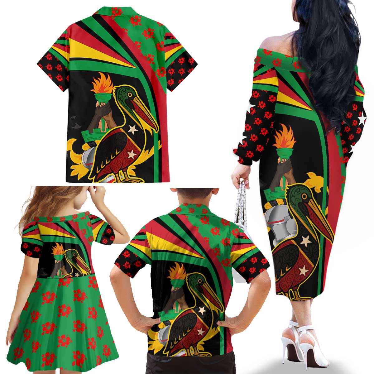 Saint Kitts and Nevis Family Matching Off The Shoulder Long Sleeve Dress and Hawaiian Shirt with Flag Colors and Tropical Island Design - Wonder Print Shop