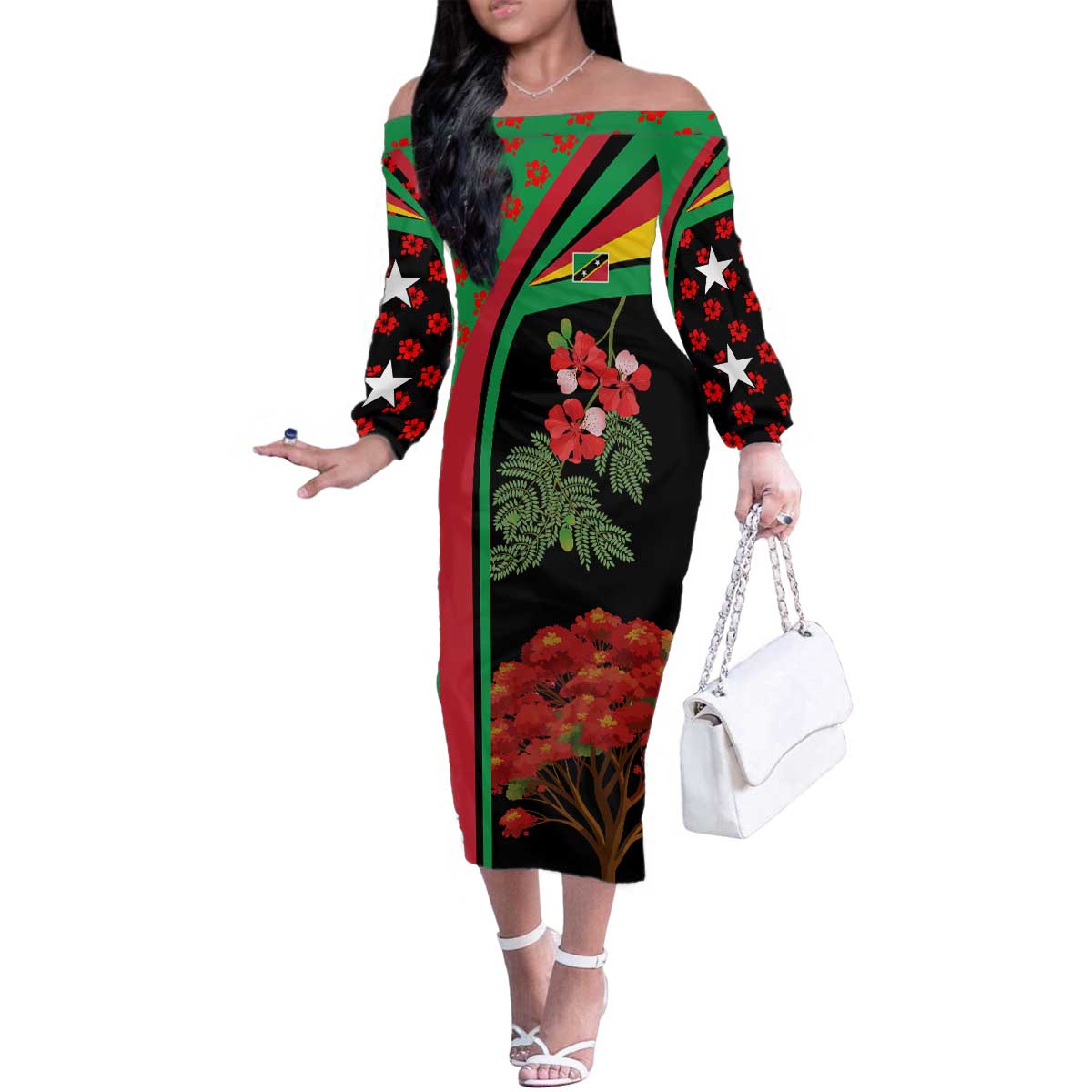 Saint Kitts and Nevis Family Matching Off The Shoulder Long Sleeve Dress and Hawaiian Shirt with Flag Colors and Tropical Island Design - Wonder Print Shop