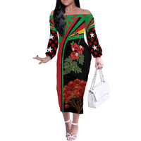 Saint Kitts and Nevis Family Matching Off The Shoulder Long Sleeve Dress and Hawaiian Shirt with Flag Colors and Tropical Island Design - Wonder Print Shop