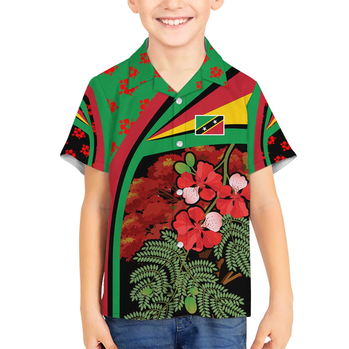 Saint Kitts and Nevis Family Matching Off The Shoulder Long Sleeve Dress and Hawaiian Shirt with Flag Colors and Tropical Island Design - Wonder Print Shop